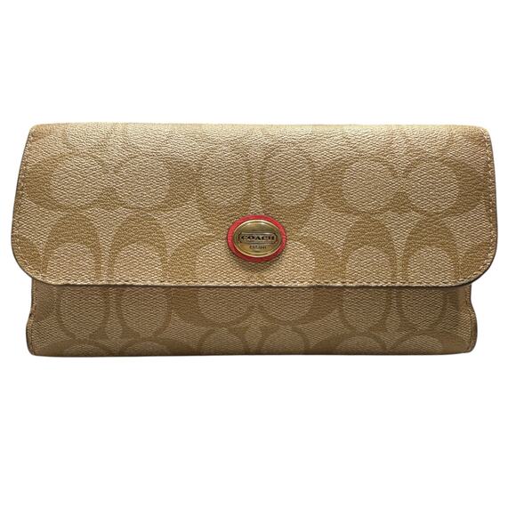 Coach Signature Coated Canvas Full Size PVC Checkbook Wallet Khaki / Pink Ruby - Picture 1 of 10